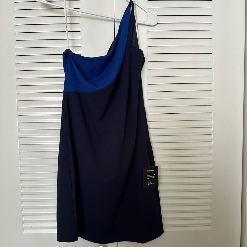 Cut a Glance Navy Blue Color Block One-Shoulder Bodycon Dress